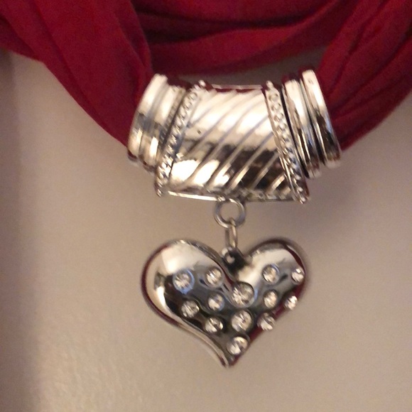 Red Jersey Knit Scarf w/Charms and Beaded Fringe - Picture 2 of 3